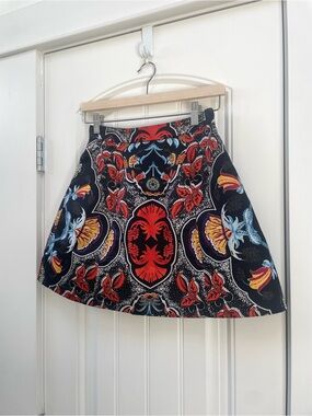 Alice + Olivia Black Circle Skirt with Red, Blue and Yellow Floral Print